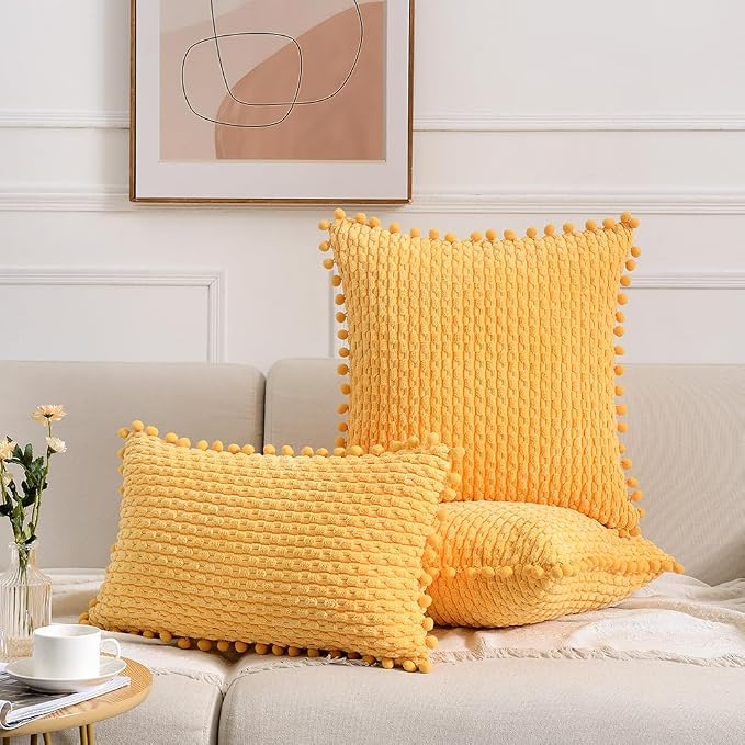Fancy Homi Set of 2 Yellow Decorative Throw Pillow Covers 18x18 Inch with Pom-poms for Couch Bedroom Living Room, Modern Farmhouse Boho Spring Home Decor, Soft Corduroy Cute Cushion Case 45x45 cm