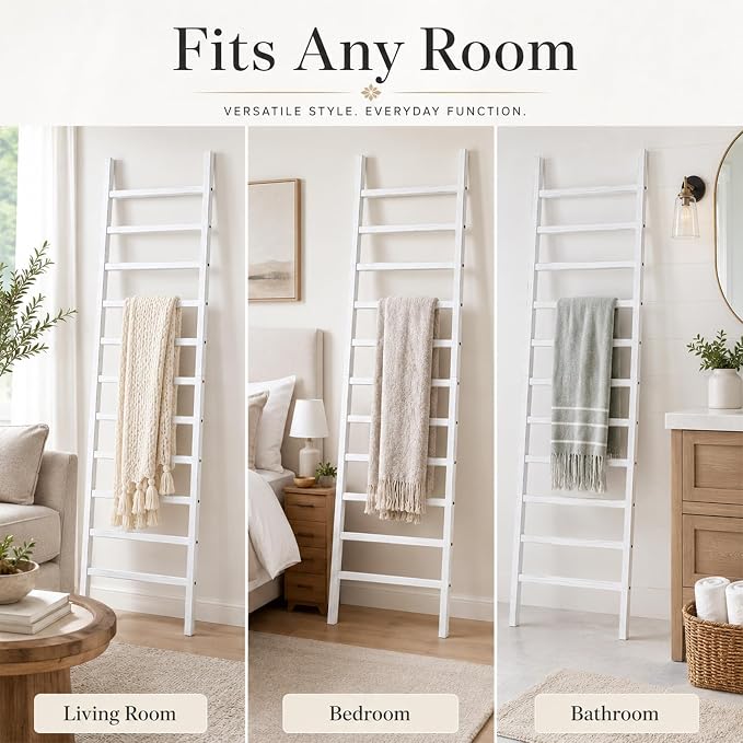 FUIN Blanket Ladder, 24 in Wide 11-Rung Solid Wood Rustic Decor Rack, White | 11 rungs and 24in wide, Solid wood visible grain, Angled lean-to design, Anti-slip support, Living room and bathroom use