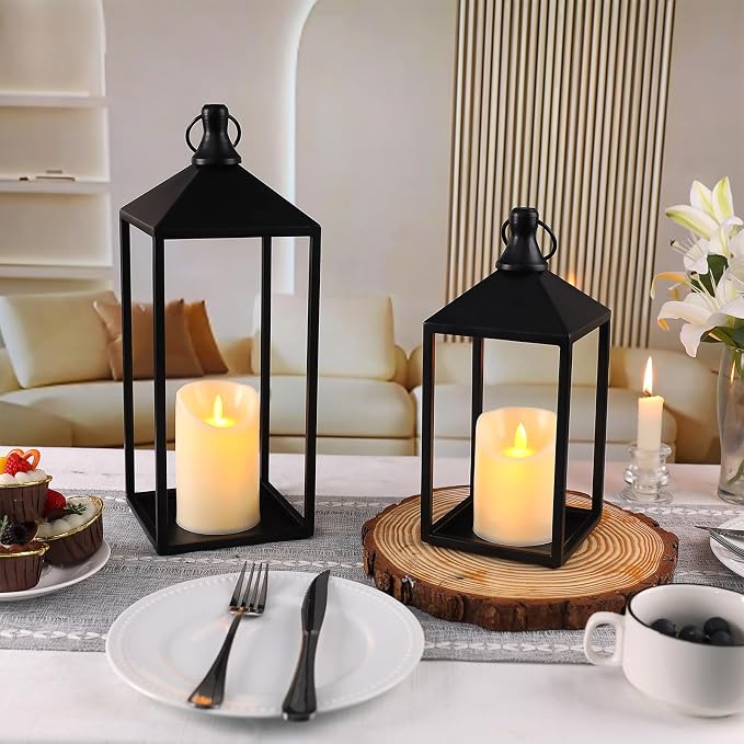 2 Pcs Black Decorative Metal Lanterns Farmhouse Lantern Decor with Candles | 15" 11" Outdoor Candle Lanterns for Covered Patio, Porch, Fireplace Mantel, Table Centerpiece, No Glass Lantern Decor