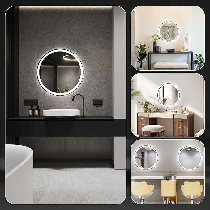 NEWBULIG 28'' Round LED Bathroom Mirror with Lights, Circle Vanity Mirror | Anti-Fog, Dimmable, 3-Color Light, Front Light and Backlit, Memory Function, Tempered Glass