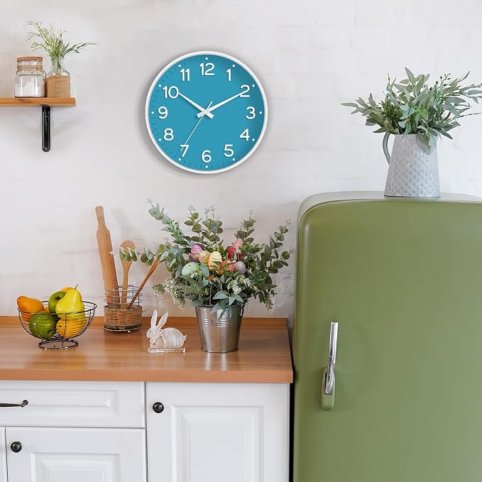 Roymnie 10 Inch Wall Clock Battery Operated Silent Non Ticking Analog | Blue modern analog; large 3D easy-read dial for kitchen, office, bathroom & bedroom; 1 AA battery (not included)