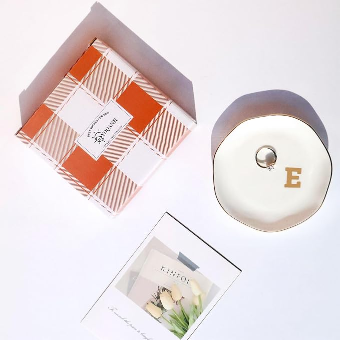 Ceramic Jewelry Tray Initial Ring Dish Personalized E-Monogrammed Engagement Wedding Gifts,Decorative Jewelry Holder for Birthday Mother's Day Christmas for Women, Ceramic White 4.5" (E)
