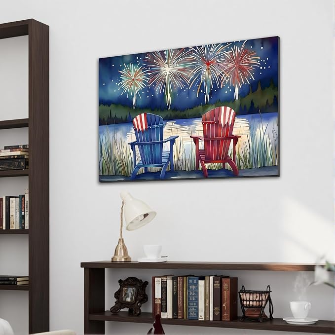 Framed 4th of July Fireworks Adirondack Chair Wall Art, Patriotic Lake Canvas Art Pictures, USA Flag Wall Decor, Made in USA Ready to Hang for Living Room Porch