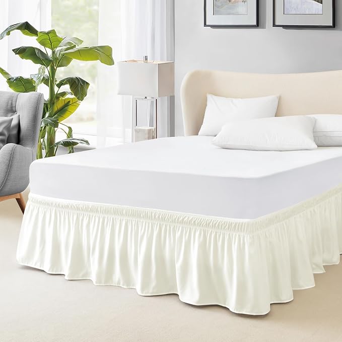 FreshCulture Queen Bed Skirt, Elastic Wrap Around Bed Skirt Queen Size, Bed Skirts for Adjustable Bed, Easy Fit with 22 Inch Drop Length, Hotel Quality Dust Ruffle for Queen Bed (Ivory)