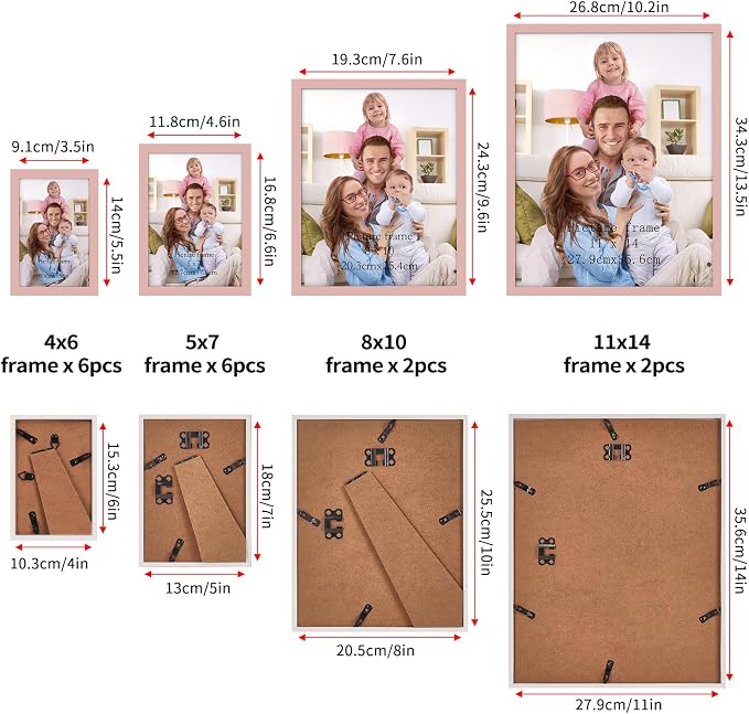 Giftgarden 16 Pack Pink Picture Frames for Multi Sizes Photos, Assorted Frame Set Including 2pcs 11x14, 2pcs 8x10, 6pcs 5x7, 6pcs 4x6, Gallery Photo Collage Frame for Wall or Tabletop Display
