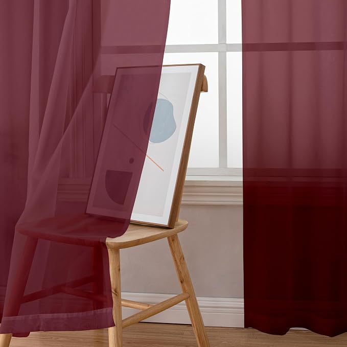 Simplebrand Burgundy Red Sheer Curtains 84 Inches Long, Light Filtering Rod Pocket Solid Color Window Sheer Curtain Panels, Elegant Curtains & Drapes for Living Room, Bedroom 2 Panels, 59" W x 84" L