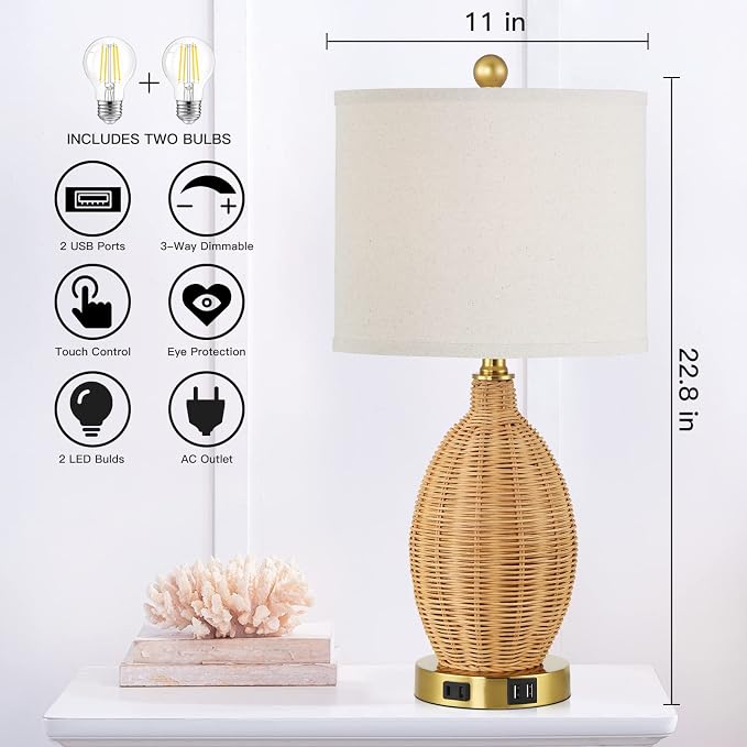 CINSARY Touch Control Rattan Table Lamps, 3 Way Dimmable Bedside Lamps for Bedroom Set of 2 with 2 USB Ports and AC Outlet, Wicker Nightstand Lamps for Living Room (LED Bulbs Included), Gold