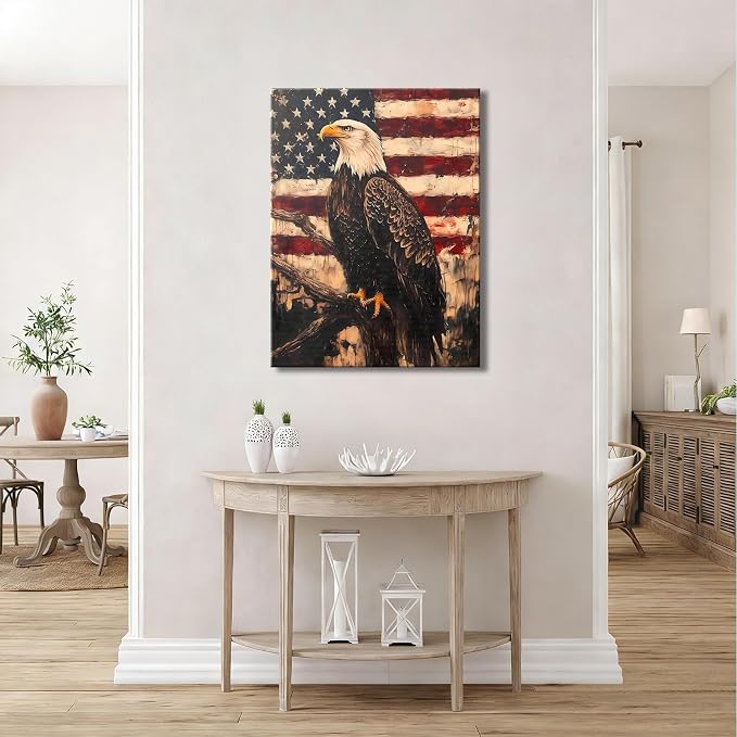 RIBNTAK Vintage Patriotic Bald Eagle for Independence Day Wall Art Decorations, 24x36 In, Aesthetic Posters for memorial day Canvas Print Decor, Rustic Artwork for Living Room, Bedroom, Office