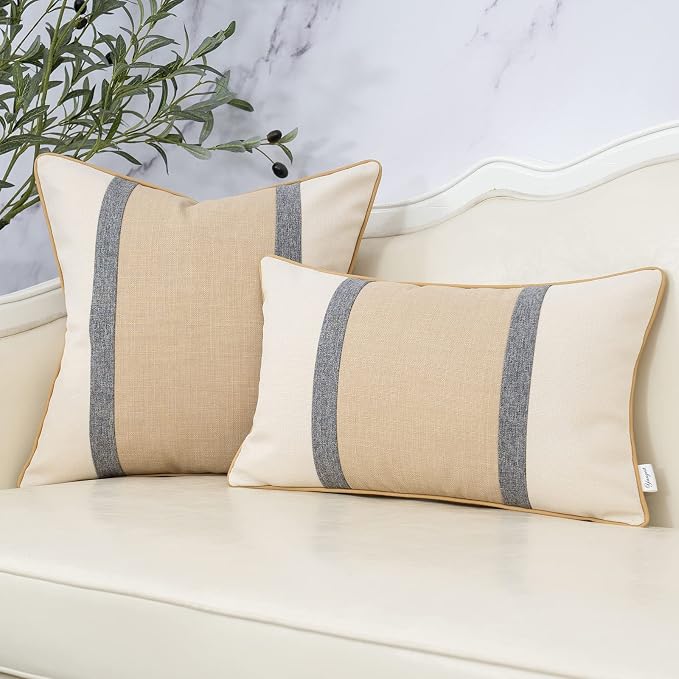Yangest Patchwork Pillow Cover 18x18 Inch Luxury Cotton and Linen Cushion Cover Square Pillowcover for Couch Bedroom Living Room, Khaki