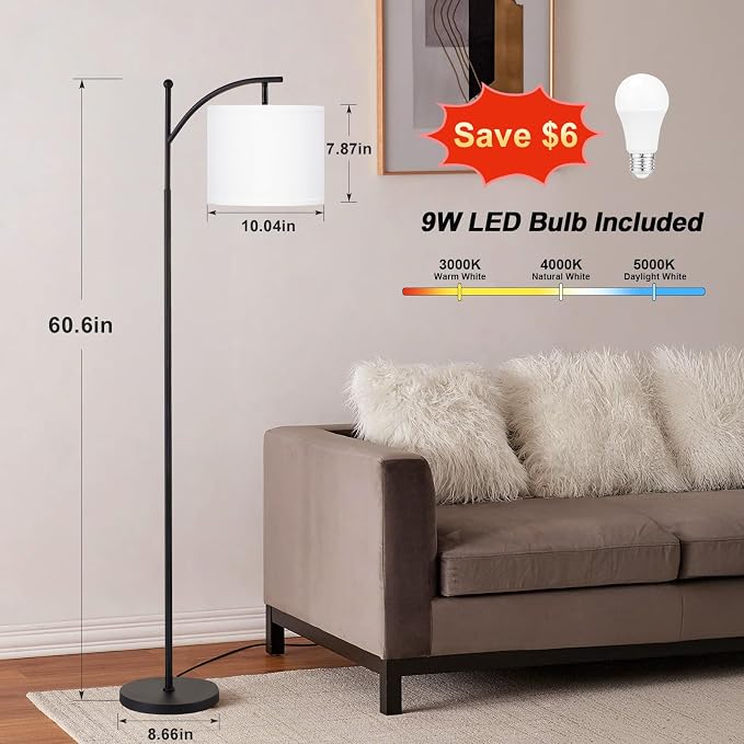 Ambimall 60" Floor Lamp with 3 Color Temperatures, Adjustable White Shade, Black Pole - Tall Lamp for Living Room, Bedroom, Office, Classroom, Dorm - 9W Bulb Included