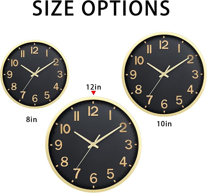 Wall Clocks Battery Operated 12 inch Modern Wall Clock,Silent Non Ticking Wall Clock for Living Room Bedroom Kitchen Office Classroom Decor (Black Gold)