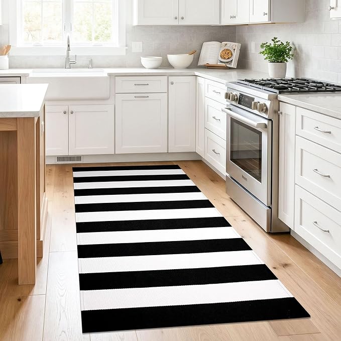 KILOCOCO Black White Striped Rug 3'X5' Front Door Mat Outdoor Washable Rugs | Cotton Layered Doormats, Low Pile Front Porch Rug, Woven Indoor Rug, Welcome Mat for Kitchen Entryway Farmhouse Patio