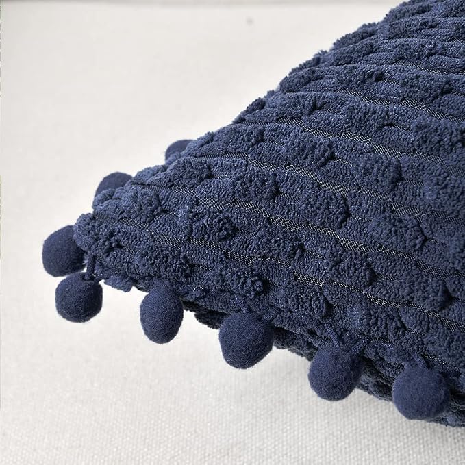 Fancy Homi Set of 2 Navy Blue Decorative Throw Pillow Covers 24x24 Inch with Pom-poms for Couch Bed Sofa, Modern Farmhouse Boho Home Decor, Soft Plush Corduroy Cute Cushion Case 60x60cm