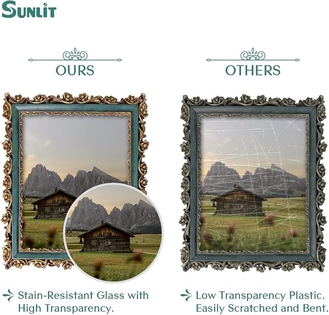 Sunlit Vintage Picture Frame 8x10 Inch, Luxury Antique Photo Frames with Glass Front, Photo Display, Tabletop Wall Hanging, Gift Ideas, Dark Green and Bronze Gold
