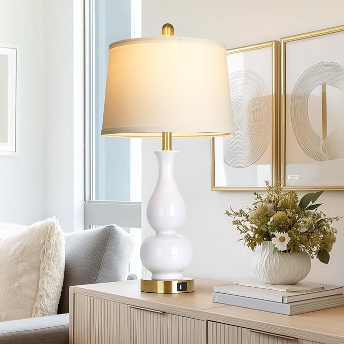 CINSARY 27" Double Gourd Ceramic Lamp Single, Modern White Bedside Table Lamps with USB A+C Ports, Classic Bedroom Lamp for Nightstand, Chinoiserie Lamps for Living Room Side End Table Desk Home Decor