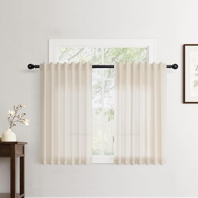 Jowels Cream Linen Curtains 45 Inch Long 2 Panels for Living Room | Beige Flax Light Filtering Sheer Curtain,Back Tab Pocket Pleated Look,Farmhouse Textured Privacy Drapes for Bedroom Window
