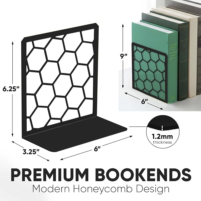 GEOMOD Premium Geometric Black Honeycomb Bookends for Shelves, Metal Book Ends Office, L-Shaped Stopper, Rustproof Decorative Unique Home, 6.25 (L) x 6 (W) inches, 2 Pairs - Geomod, (Pair of 2)