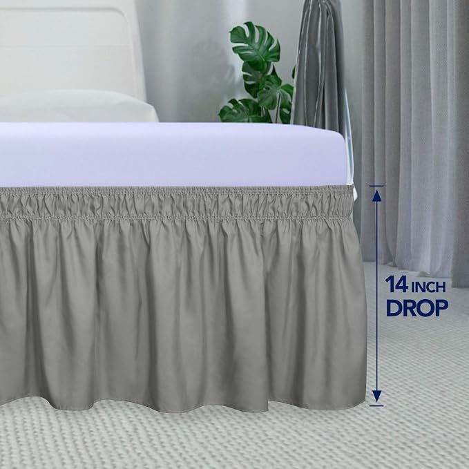 PureFit Wrap Around Ruffled Bed Skirt, Gray, Twin/Full - 14" Drop | Wrinkle Free Bedskirt Dust Ruffles, Easy to Put On Frame Cover with Adjustable Elastic Belt