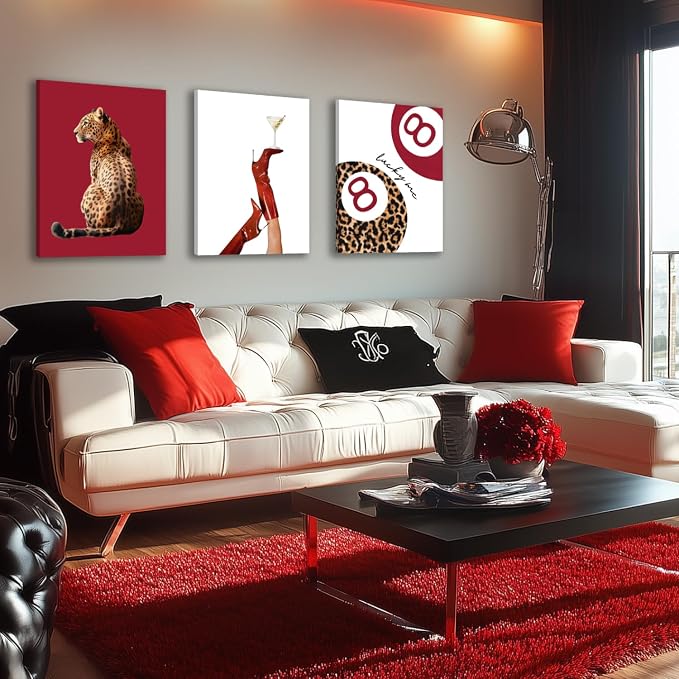 GELDSTEI Wrapped Canvas Trendy Red Cheetah Wall Art Set of 3, 16x24 in | Red Leopard Trendy Wall Decor, Boots Cheetah Lucky 8 Ball Art Prints, Trendy Modern Gift for Bedrooms and Fashion Lovers