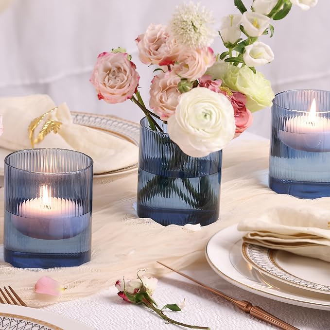 Glass Ribbed Cylinder Vase Set of 6,Bud Vase for Wedding Centerpieces,Clear Ribbed Glass Flower Vases Bulk,Hurricane Floating Candle Holder 4 Inch,Decorative Vases for Home Decor(Blue)