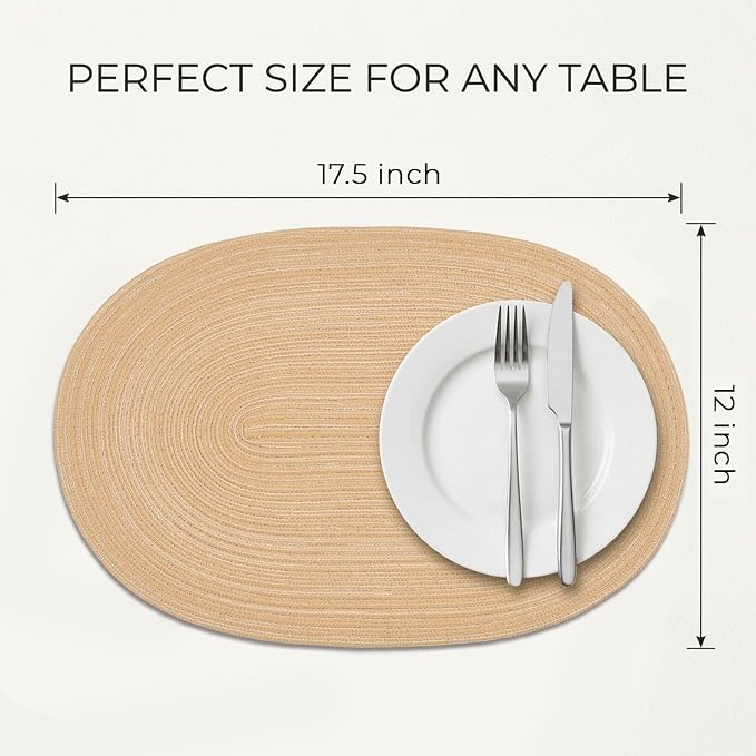 Placemats Set of 6, Woven Oval Braided Dining Table Mats(Beige Brown) | 12 x 17.5 Inch Size Fits Plates and Flatware; Hand Washable and Heat Resistant for Kitchen Use, with Farmhouse and Boho Style