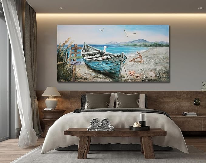 Anolyfi Nautical Wall Art Decor Coastal Artwork for Living Room 48"x24" | HD Print and Hand-painted Textured, Easy to Hang, Durable Colorfast, Blue Boat Beach Paintings for Hallway Home Decor