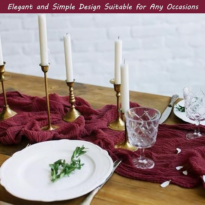12 Pack 10Ft Cheesecloth Table Runner 35x120 Inch Boho Gauze Table Runner Rustic Cheese Cloth Long Romantic Table Runners for Wedding Bridal Shower Birthday Party Table Decor (Burgundy)