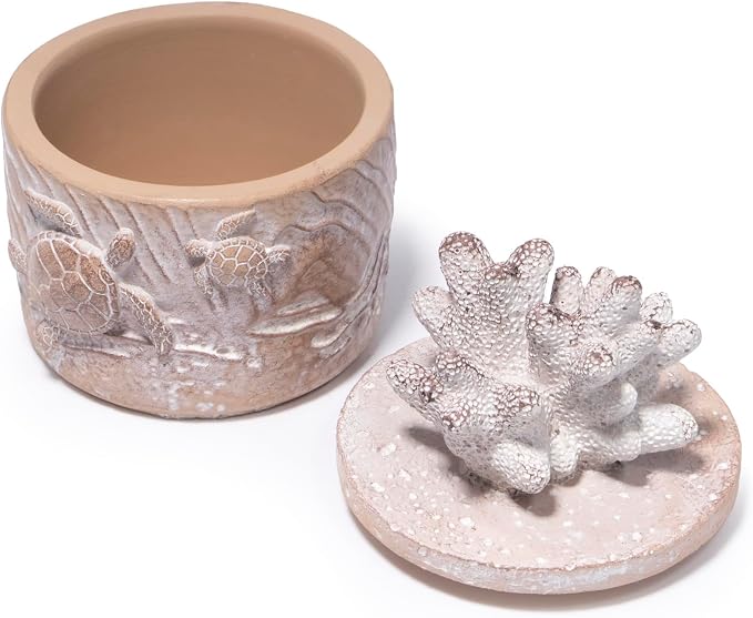 Hodao Ocean Crafts Sea Turtle & Octopus Resin Jewelry Box with Coral Lid - Handmade Organizer for Rings Earrings Necklaces, Blue/White, Ocean-Themed Storage Case Decor Gifts For Women (White-Turtle)