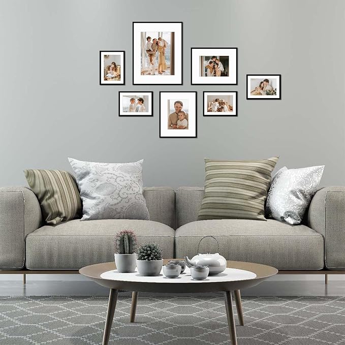 Golden State Art 7 Pack Black Aluminum Frame with White Mat, Real Glass | Includes One 11x14, Two 8x10, Four 5x7 Frames with Sawtooth Hangers for Wall Mounting. Great for gallery wall