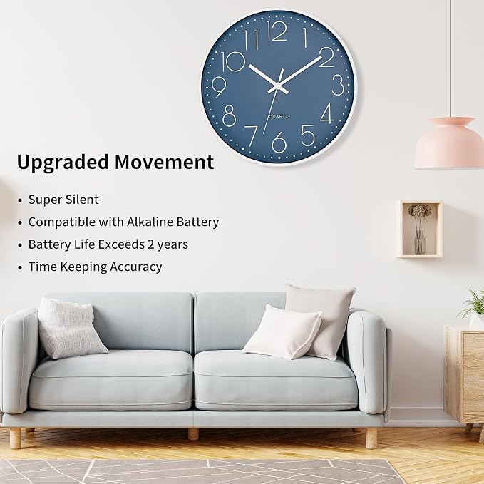 Foxtop Large 14" Wall Clock Silent Battery Operated Analog Clock, Cerulean | Non-Ticking, Round, Quartz, Easy to Read, Living Room, Bedroom, Kitchen, Office