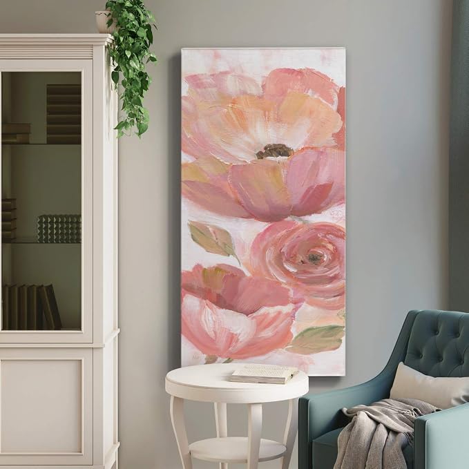 Renditions Gallery Canvas Floral Wall Art Home Paintings & Prints Pink Blooming Flowers Romantic Modern Vibrant Wall Hanging Decorations for Bedroom Office Kitchen - 12"x24" LT43