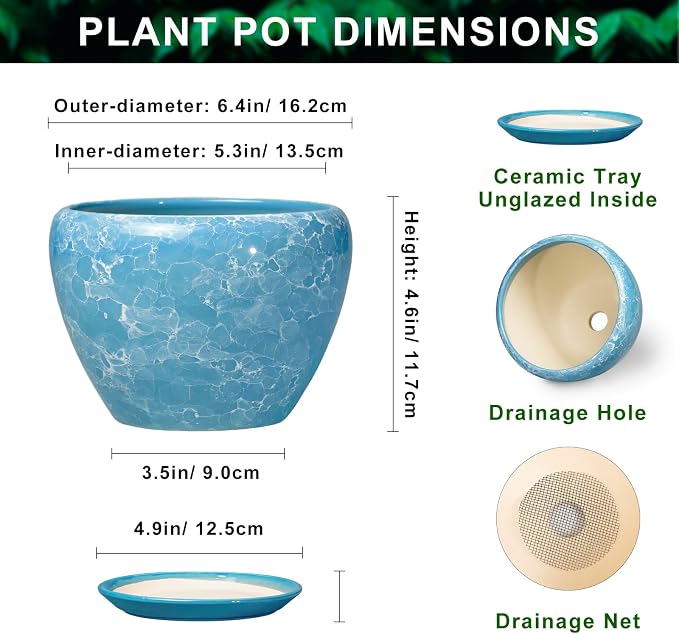 Ceramic Planters for Indoor Plants, 6 Inch Plant Pot, Bubble Blue | Round Plant Pots with Drainage Hole and Saucer, Modern Decorative Succulent Planter, Desk Decor, Gifts for Plant Lovers