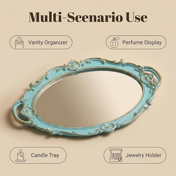 Oval Vintage Decorative Mirror Tray, Jewelry Dresser Organizer Tray, Cosmetics Makeup Storage Organizer, Serving Tray (9.8”x 14.6”) Blue