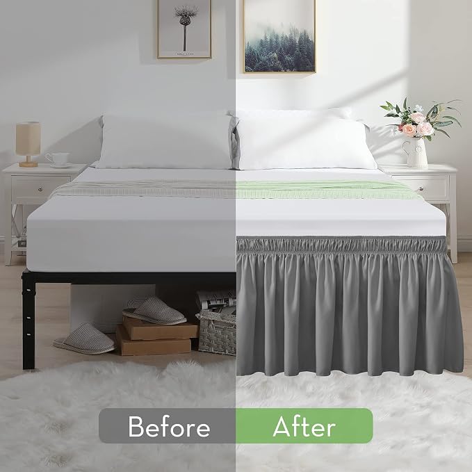 Grey Bed Skirt Queen Size 21 Inch Drop, Elastic Wrap Around Bedskirt | Solid ruffled, Wrap-around/elastic, Wrinkle & Fade resistant, with Adhesive Strips, Gift Packed, Machine Wash/Tumble Dry/Iron