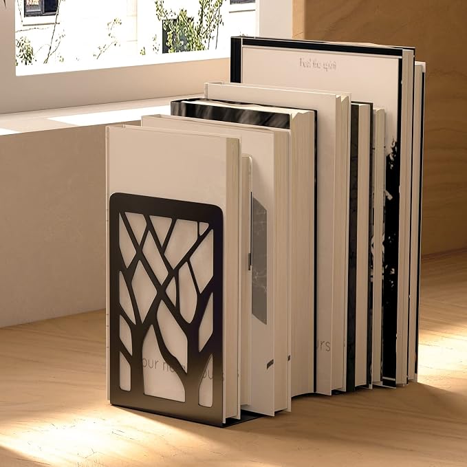 MaxGear Book Ends Tree Design Bookends for Shelves 7 x 4.7 x 3.5” 3 Pair | Metal Constructio,Heavy Duty,Non-Skid Pads,Scratch Resistant,Stable Support,Space Saving,6 Pieces,Bookcase Desktop Use