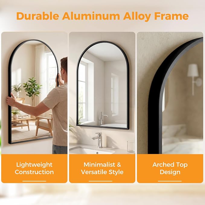 Arched Black Bathroom Mirrors for Wall, 20x30-Inch Bathroom Mirror for Over Sink, Wall Vanity Mirror with Matte Metal Frame and HD Shatter-Proof Glass for Entryway, Living Room, Bedroom