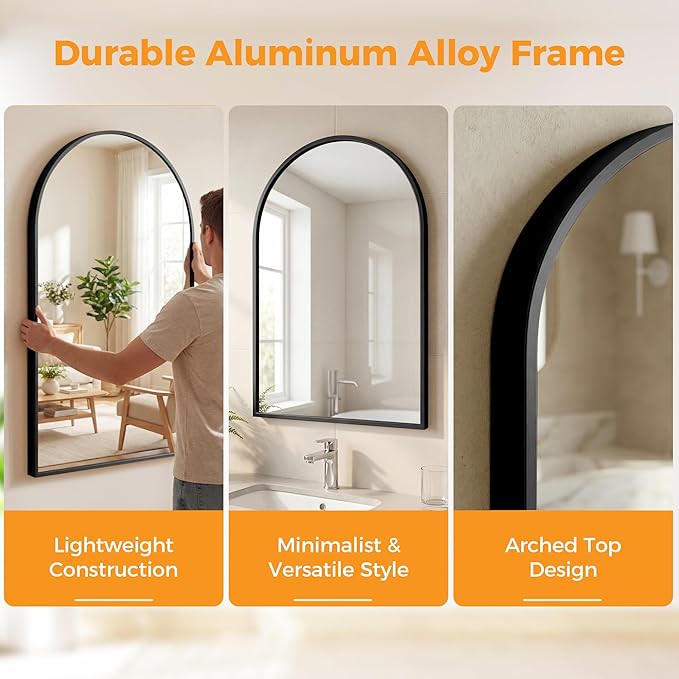 DUMOS 26"x38" Arched Wall Mirror, Bathroom Mirrors for Over Sink, Black | Tempered Glass & Anti Rust Metal Frame, Decor for Entryway, Living Room, Bedroom, Vanity