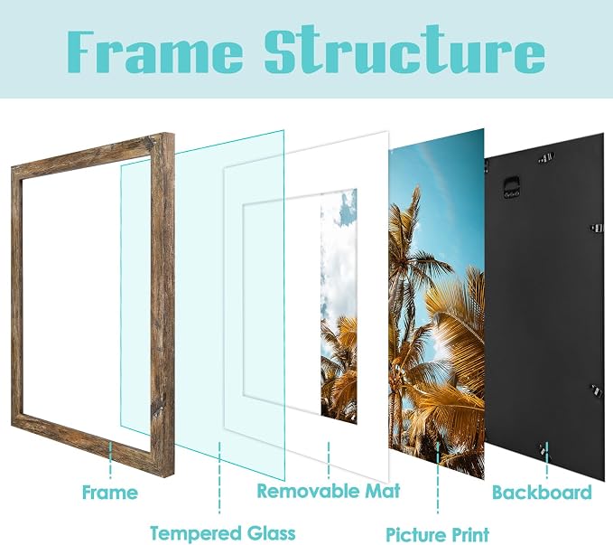 2 Pack 11x14 Rustic Brown Picture Frame with Real Glass Mat for 8x10
