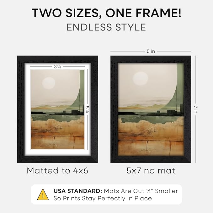 Homeforia 5x7 Black Oak Picture Frame, High-End Wood, 4x6 Mat, Glass