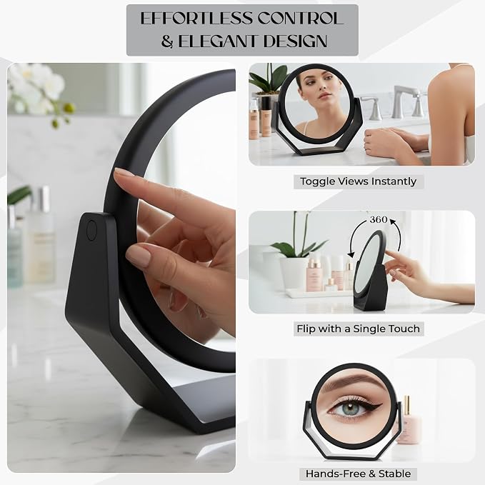 Danielle Creations Round Soft Touch Vanity Mirror, Black Matte, 1X/10X Magnifying Makeup Mirror, Tabletop & Desk Mirror for Bathroom, Bedroom, Portable Beauty Use