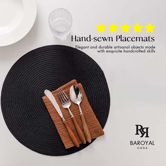 BARoyal Round Placemats Set of 8 Woven Placemats Washable Braided Table Mats for Dining Table Heat Resistant Non-Slip Circle Place Mats(Black)
