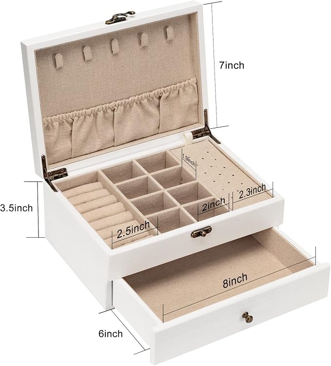 Pinzoveco Jewelry Box for Women, Rustic Wooden Jewelry Organizer Box for Storage Earrings Rings Necklace Bracelet, Farmhouse Style Wood Jewelry Boxes & Organizers (White)