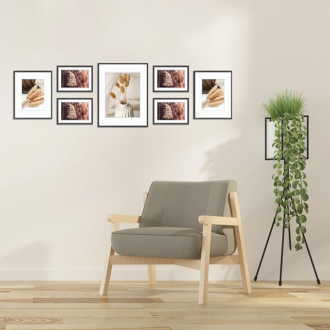 Golden State Art 7 Pack Black Aluminum Frame with White Mat, Real Glass | Includes One 11x14, Two 8x10, Four 5x7 Frames with Sawtooth Hangers for Wall Mounting. Great for gallery wall