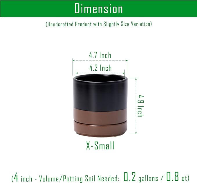 D'vine Dev 4.7 Inch Ceramic Planter Pot, Black/Tan, 94-O-B-7 | Modern Cylinder Design, Drainage Hole & Saucer Included, Stable Structure, Elegant Home Accent