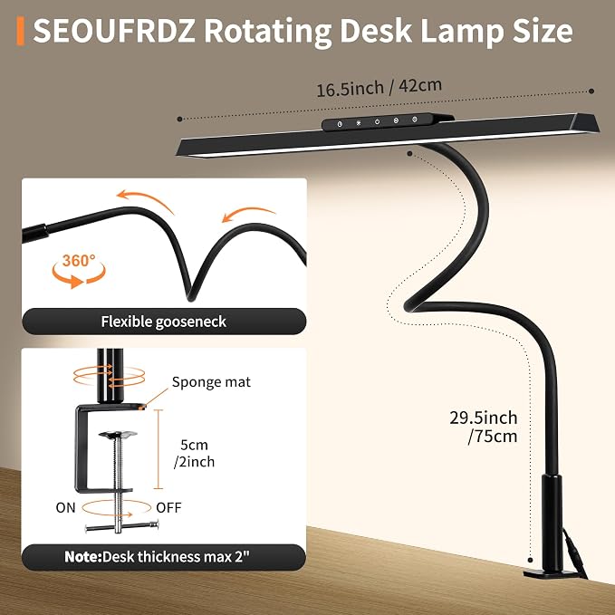 Desk Lamp with Clamp,Eye-Caring Adjustable Brightnes Desk Light for Office