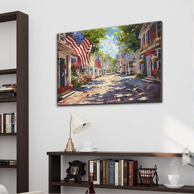 Framed Patriotic Small Town USA Wall Art, American Flag Street Canvas Art Pictures, Vintage Main Street Wall Decor for Living Room Entryway Dining Room, Ready to Hang Made in USA