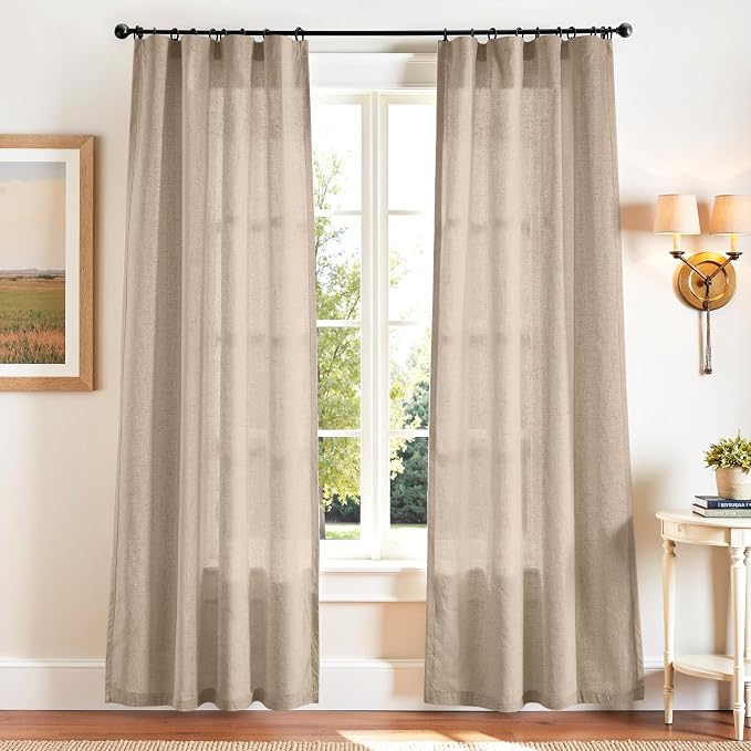 jinchan Linen Curtains Light Filtering Back Tab 50x90 Inch 2 Panels Taupe | Semi Sheer Curtains 90 inch length for Bedroom Living Room, Modern Farmhouse Drapes with Rod Pocket, Natural Boho Curtains