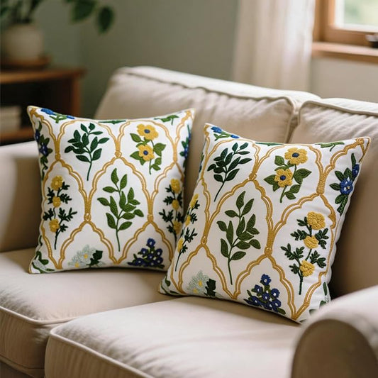 Alysheer Spring Summer Floral Embroidered Decorative Throw Pillow Cover 18"x 18" Set of 2, Flower Leaves Embroidery Patterned Multicolor Cushion Case for Sofa Couch Living Room Bedroom Outdoor