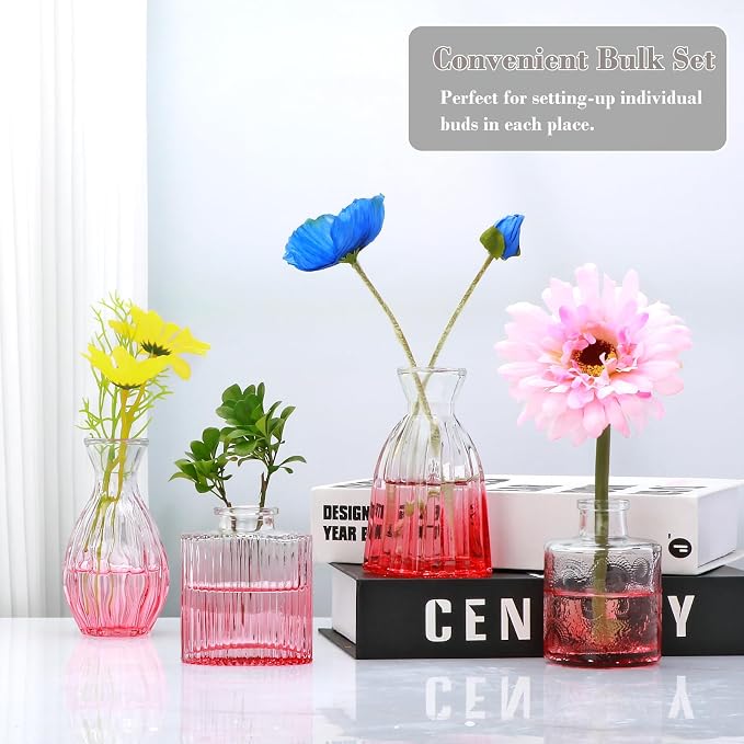 Glass Bud Vases Set of 4, Small Pink Flower Vases for Wedding Centerpieces | Clear Vintage Embossed Mini Vases for Table Decorations, Flower Arrangements in Vases for Party or Home Decor