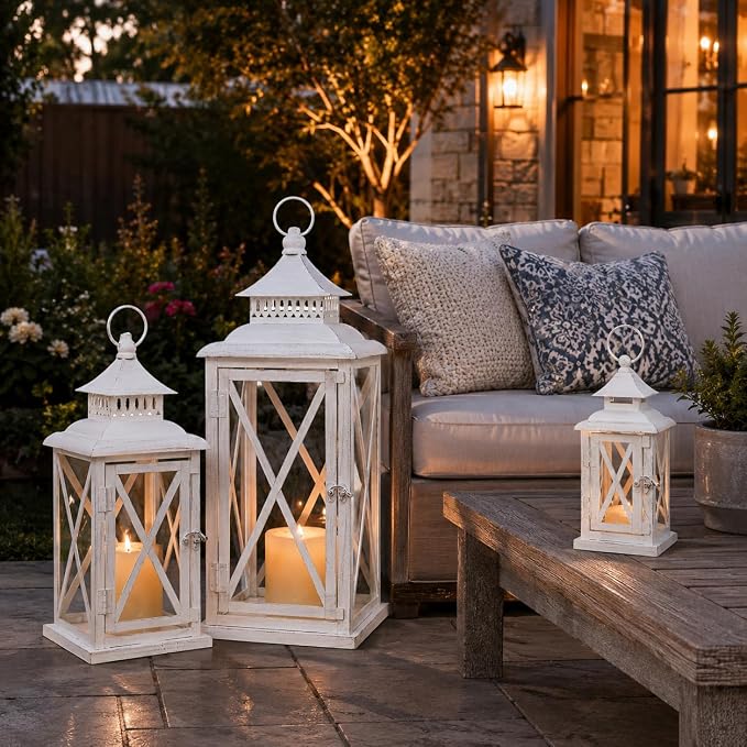3PCS (20’’&13’’&9’’) Lanterns Decorative Indoor & Outdoor, Vintage White Metal Frame Candle Holders for Front Porch, Patio, Pathway, Balcony, Garden, Yard Decor, Halloween Christmas Decorations